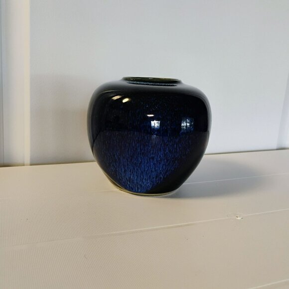 Japanese Blue Black Flambe Drip Glaze Vase 4.5" Vintage Japan Frogskin Pottery - Picture 8 of 11